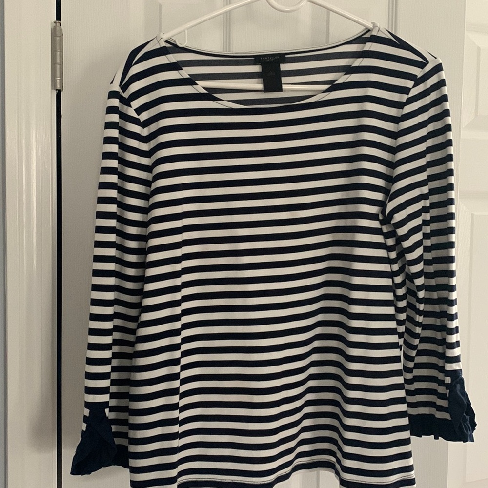 Ann Taylor Navy & White stripe long sleeve shirt ruffle trim at wrist